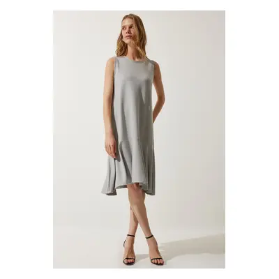 Happiness İstanbul Women's Stone Gray Crew Neck Knitted Flounce A-Line Dress