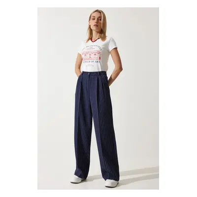 Happiness İstanbul Women's Navy Blue Thin Striped Masculine Palazzo Pants