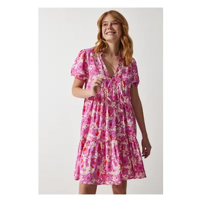 Happiness İstanbul Women's Pink Floral Summer Viscose Flared Dress