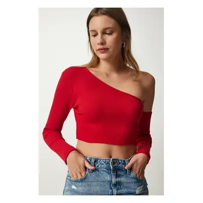 Happiness İstanbul Women's Red Single Sleeve Ribbed Crop Knitted Blouse