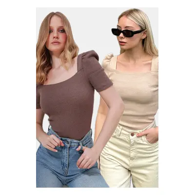 Trend Alaçatı Stili Women's Brown-Beige Square Collar 2-Pack Princess Sleeve Regular Fit Blouse