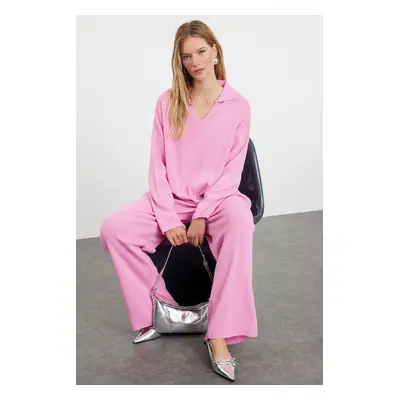 Trendyol Pink Polo Neck Knitwear Sweater Trousers Bottom-Top Set