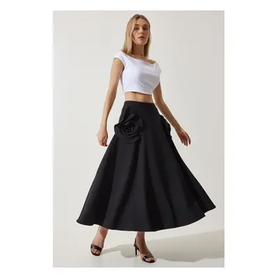 Happiness İstanbul Women's Black Rose Accessory Design Premium Midi Skirt