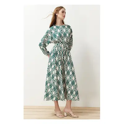 Trendyol Green Patterned Belt Detailed Crinkle Woven Dress