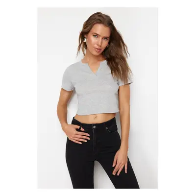 Trendyol Gray Melange 100% Cotton V Neck Detailed Fitted Crop Flexible Knitted T-Shirt