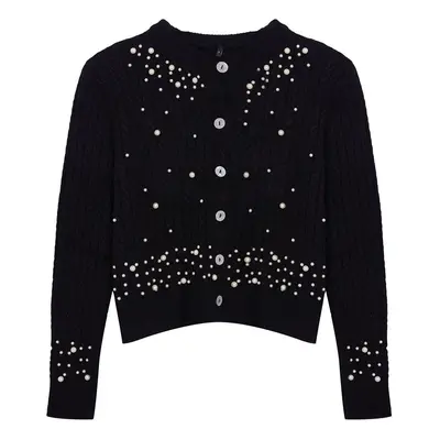 Trendyol Black Crop Soft Texture Pearl Detail Jacket Look Knitwear Cardigan