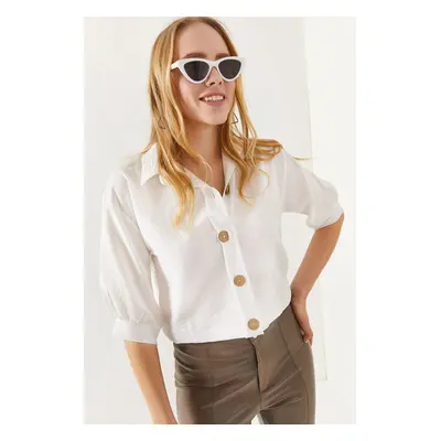 Olalook Women's White Wooden Buttoned Three Quarter Sleeve Linen Shirt