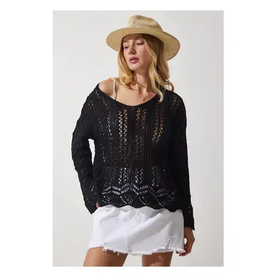 Happiness İstanbul Women's Black Openwork Seasonal Knitwear Sweater