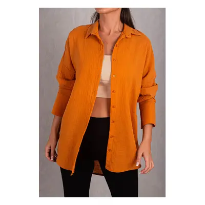 armonika Women's Orange Oversize Textured Linen Look Wide Cuff Shirt