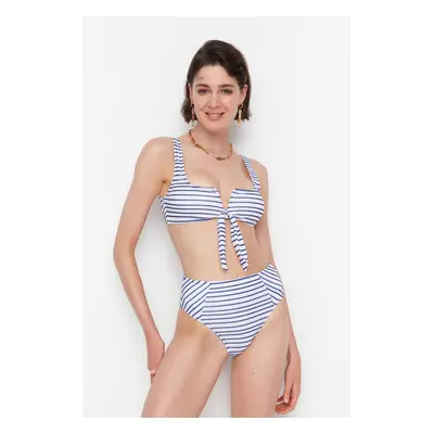 Trendyol Navy Blue Striped High Waist Bikini Bottoms