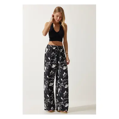 Happiness İstanbul Women's Vibrant Black Patterned Loose Viscose Palazzo Trousers