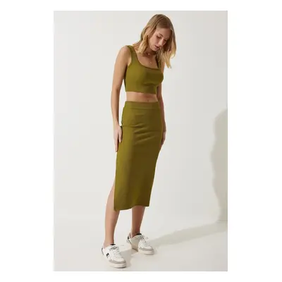 Happiness İstanbul Women's Oil Green Strappy Crop Pencil Skirt Knitted Set