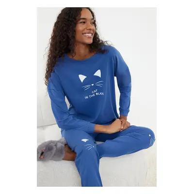 Trendyol Blue 100% Cotton Printed Knitted Pajamas Set