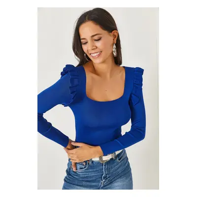 Olalook Saxe Blue Square Neck Frilly Knitwear Blouse