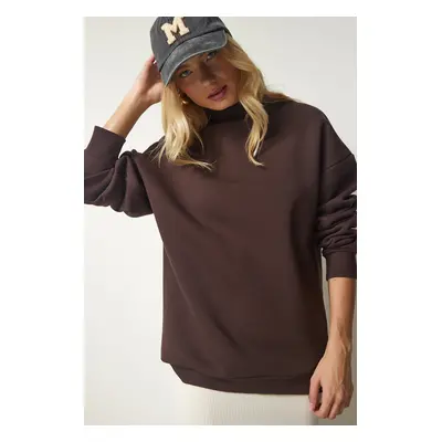 Happiness İstanbul Women's Brown High Neck Basic Raised Sweatshirt