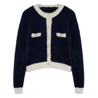 Trendyol Navy Blue Crop Beard/Fuzzy Yarn Jacket-Looking Knitwear Cardigan