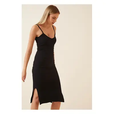 Happiness İstanbul Women's Black Strappy Slit Knitted Dress