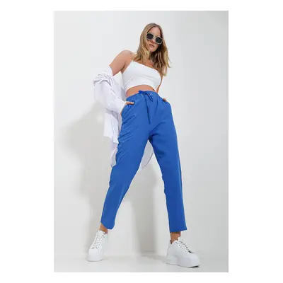 Trend Alaçatı Stili Women's Aviator Blue Elastic Waist Double Pocket Woven Trousers