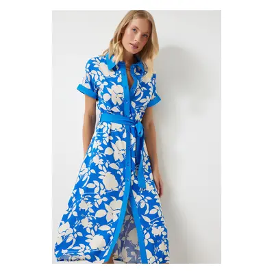 Happiness İstanbul Women's Blue Floral Summer Slim Viscose Dress