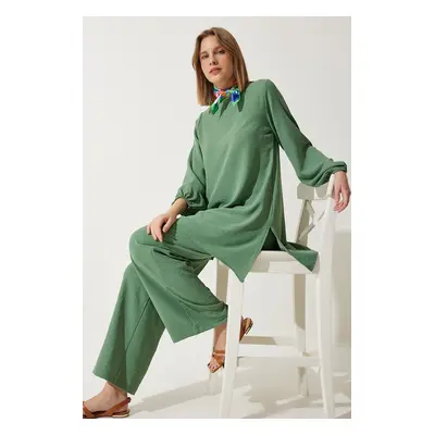 Happiness İstanbul Women's Green Flowing Tunic Palazzo Knitted Set