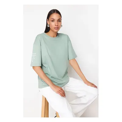 Trendyol Mint 100% Cotton Sleeve Slogan Printed Relaxed/Comfortable Fit Knitted T-Shirt