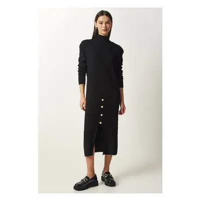 Happiness İstanbul Women's Black Button Detailed Ribbed Knitwear Dress