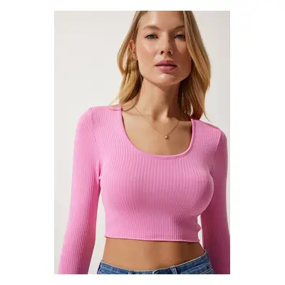 Happiness İstanbul Women's Pink U Neck Ribbed Crop Knitwear Blouse