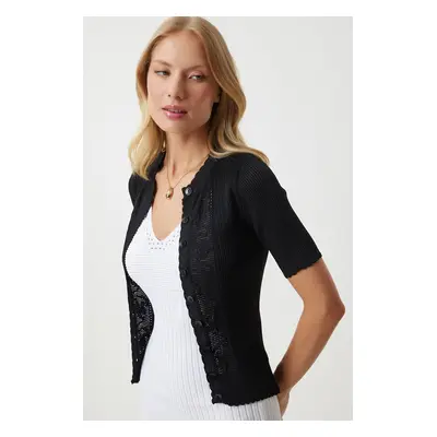 Happiness İstanbul Women's Black Openwork Seasonal Knitwear Cardigan