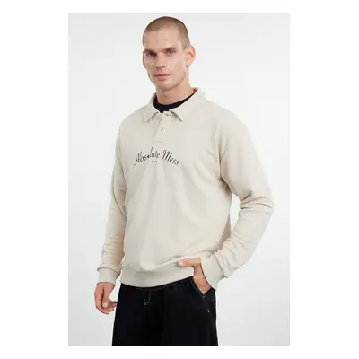 Trendyol Stone Oversize/Wide Cut Letter Printed Polo Neck Sweatshirt