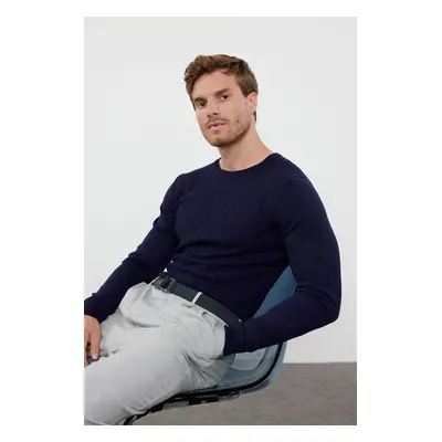 Trendyol Navy Blue Slim Fit Crew Neck Textured Knitwear Sweater