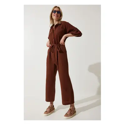 Happiness İstanbul Women's Brown Premium Belted Muslin Jumpsuit