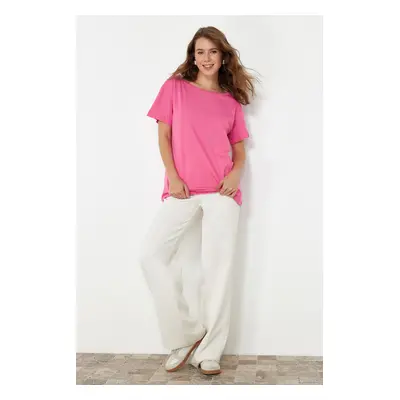 Trendyol Pink 100% Cotton Boyfriend Boat Neck Knitted T-Shirt