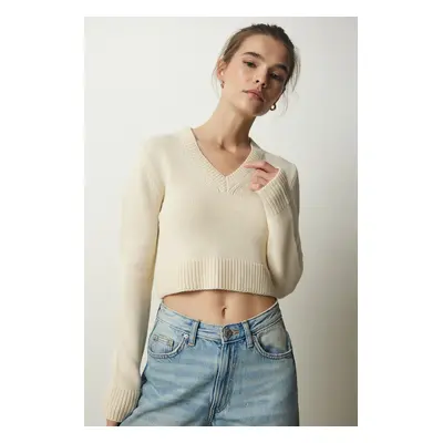 Happiness İstanbul Women's Cream V-Neck Crop Knitwear Sweater