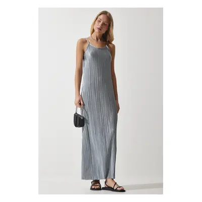 Happiness İstanbul Women's Gray Strappy Summer Pleated Dress