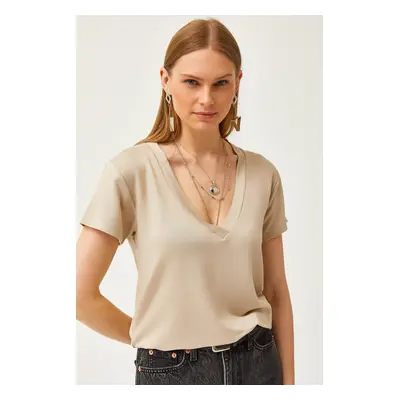 Olalook Women's Beige Deep V-Neck Modal Button T-Shirt