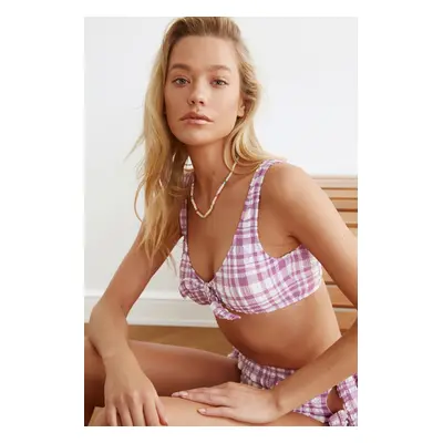 Trendyol Lila Plaid Textured Bikini Top