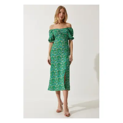 Happiness İstanbul Women's Green Elastic Carmen Collar Summer Dress