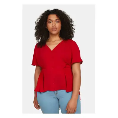 Trendyol Curve Red Woven V-Neck Tie-Up Blouse