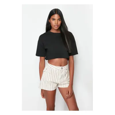 Trendyol Ecru Striped High Waist Denim Shorts