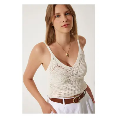 Happiness İstanbul Women's Cream Openwork Strappy Crop Knitwear Blouse