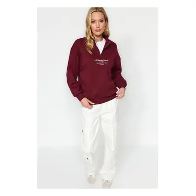 Trendyol Burgundy Thick Inner Fleece Zippered High Neck Oversize/Wide Knitted Sweatshirt