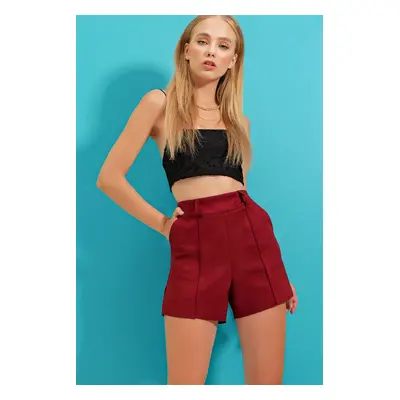 Trend Alaçatı Stili Women's Claret Red High Waist Suede Shorts with Double Pockets and Stitching