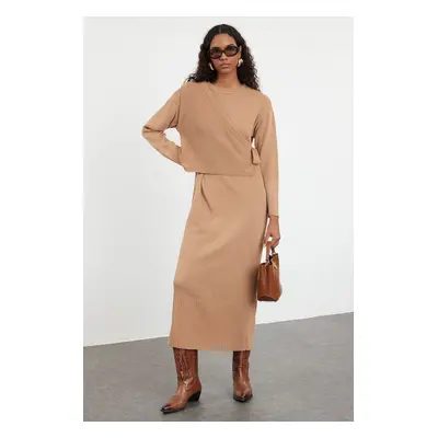 Trendyol Camel Knitwear Cardigan Dress Bottom-Top Set