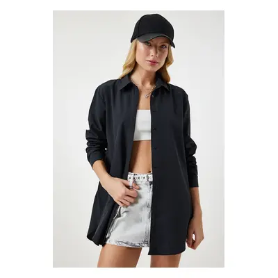 Happiness İstanbul Women's Black Slit Poplin Boyfriend Shirt