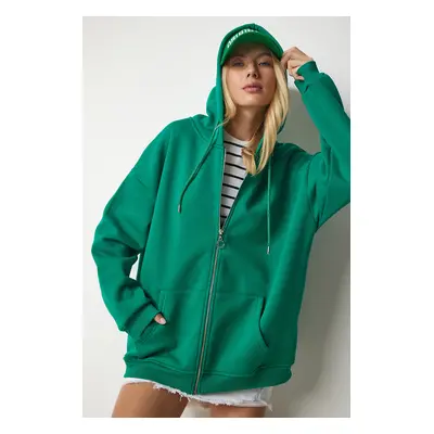 Happiness İstanbul Women's Green Hooded Zipper Oversize Sweatshirt