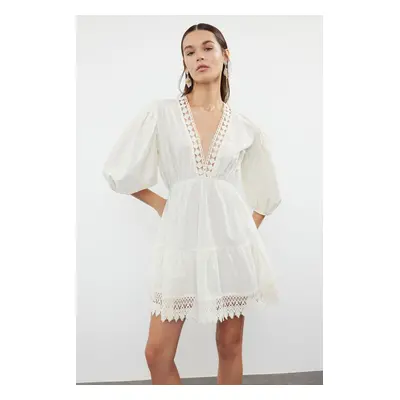 Trendyol Ecru Mini Woven Lace Detailed 100% Cotton Beach Dress