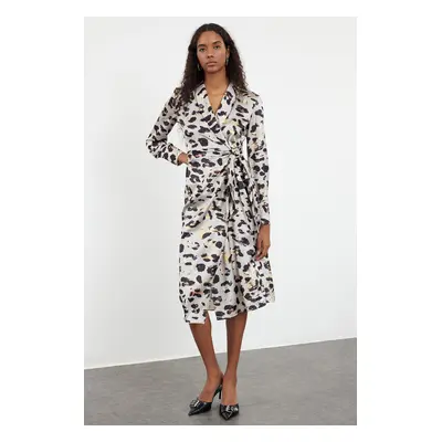 Trendyol Beige Leopard Patterned Wrap Midi Tie Detailed Woven Dress