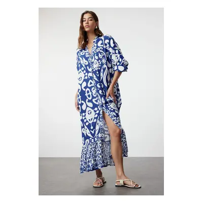 Trendyol Blue Printed Midi Wide Neck Border Pattern Detailed Woven Dress Woven Dress