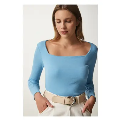 Happiness İstanbul Women's Sky Blue Square Neck Ribbed Knitted Blouse