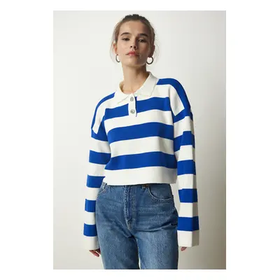 Happiness İstanbul Women's White Blue Stylish Buttoned Collar Striped Crop Knitwear Sweater